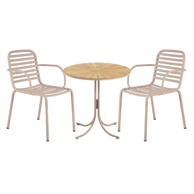 Cafebord i lattefarvet med rundt bord i bordplade i træ
