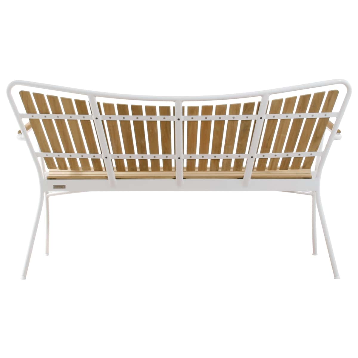 Havebænk set bagfra, bænken er i træ med hvidt stel