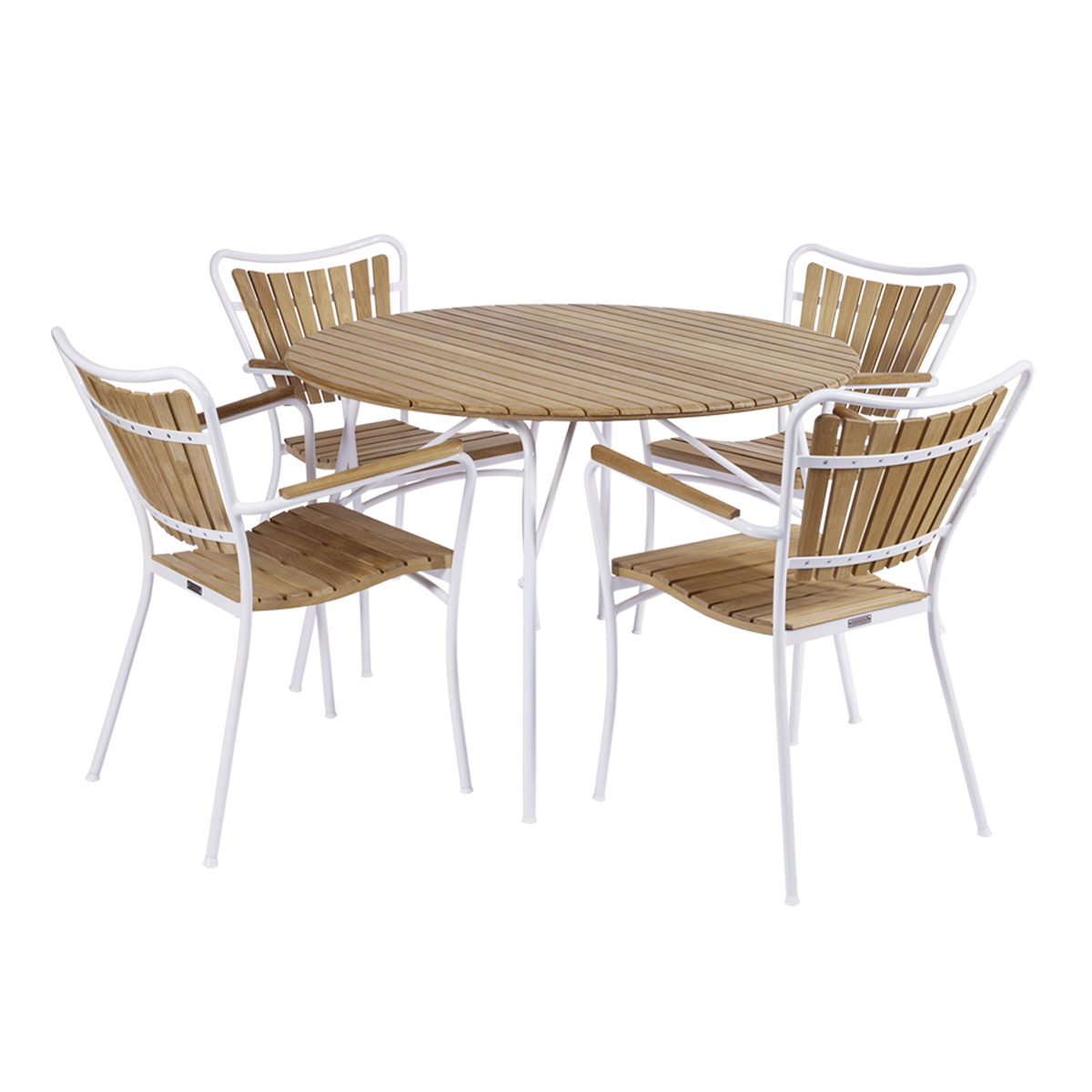 Rundt havebord med 4 stole, i træ med hvidt stel i aluminium