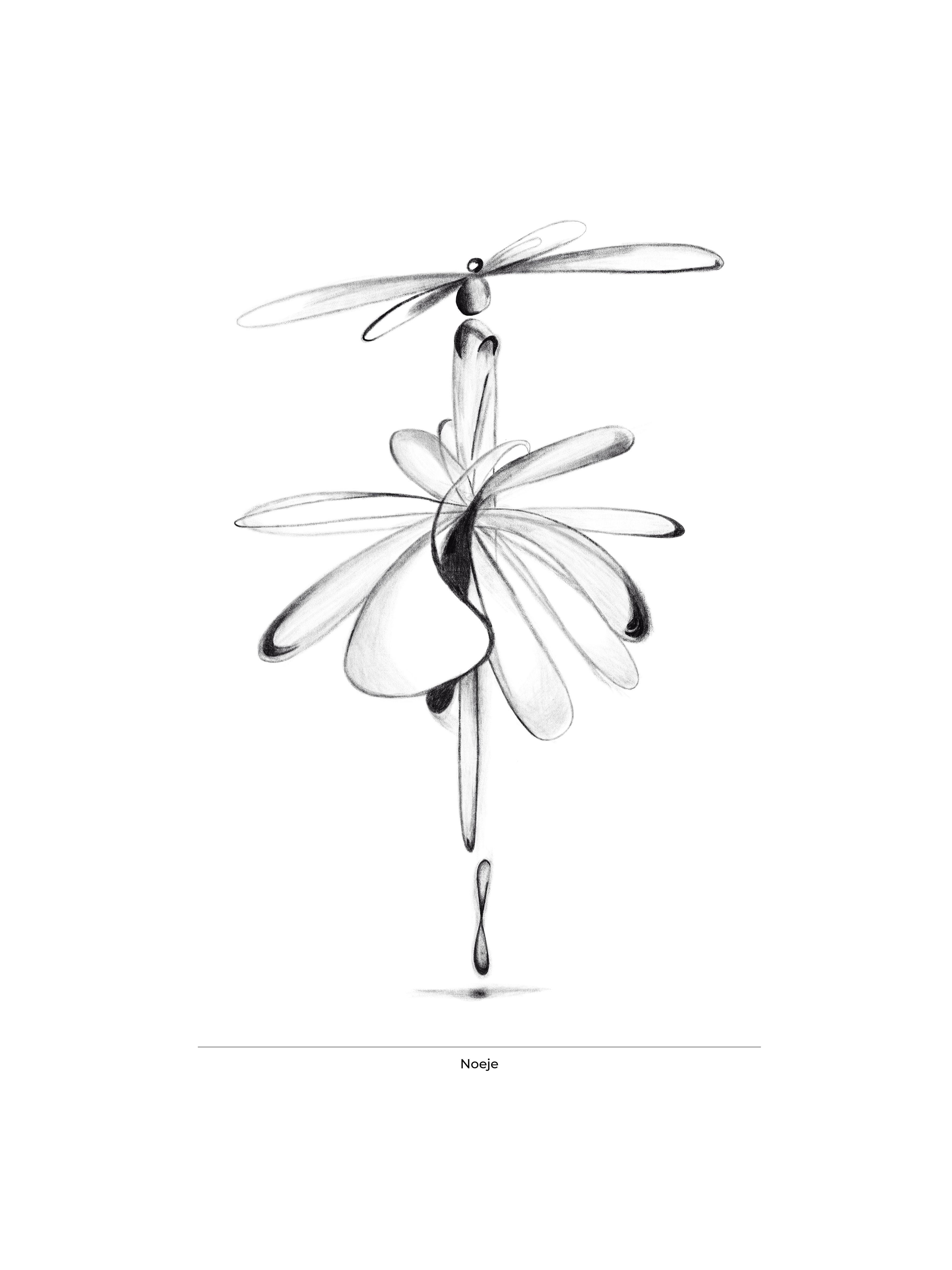 Tegning af en slags blomst i sort/hvid med en masse blade. Under tegnigen står der "Noeje".