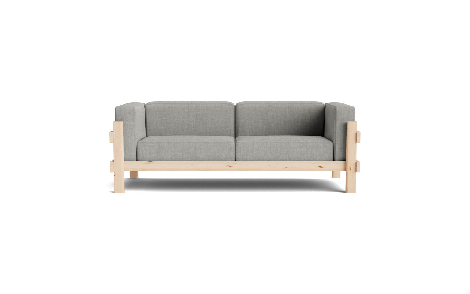 En 3 personers sofa i fyrretræ og grå polstring