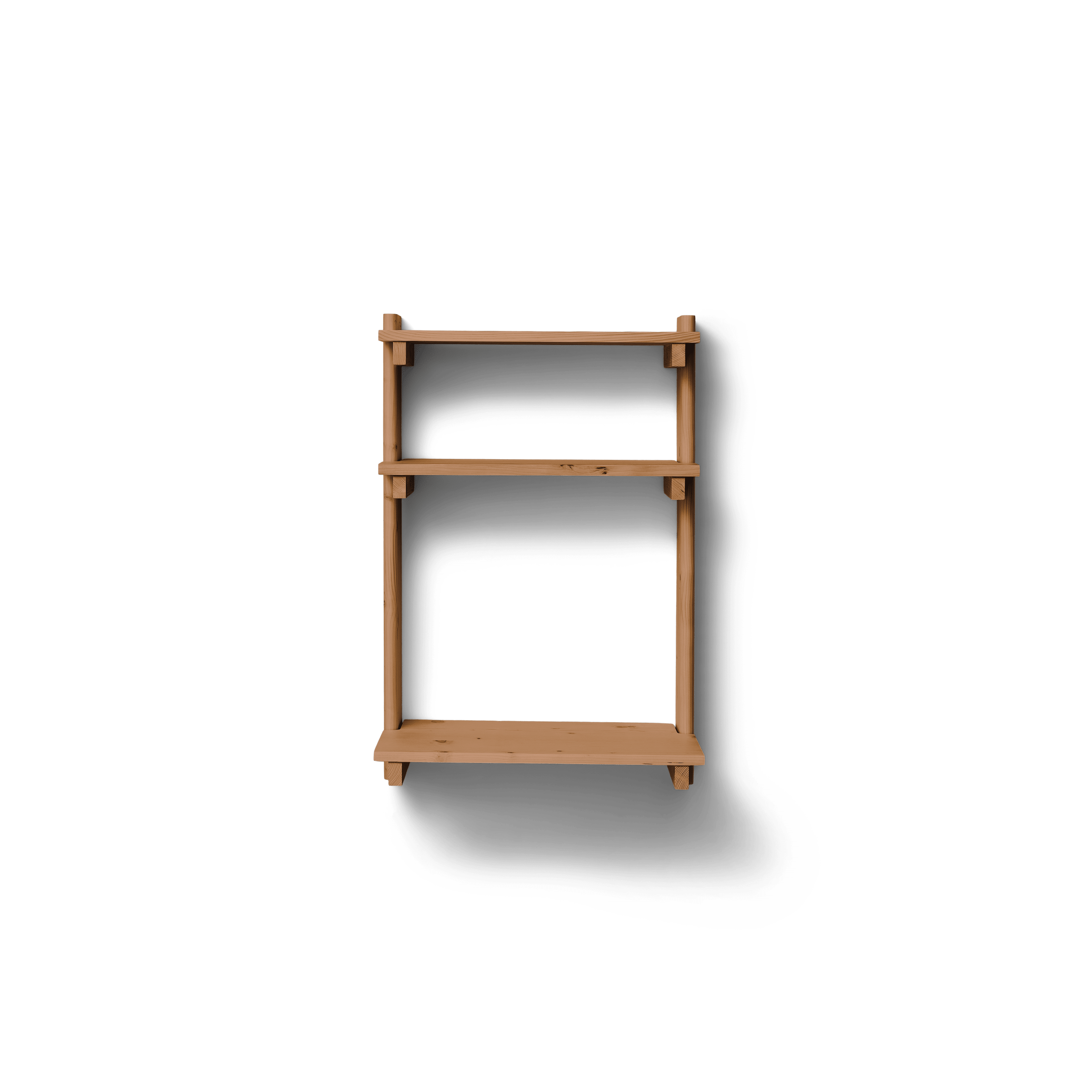 Svævende skrivebord i lyst træ med to praktiske hylder monteret over bordpladen.