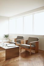 Stue med sofabord og 2 loungestole i eg med pol