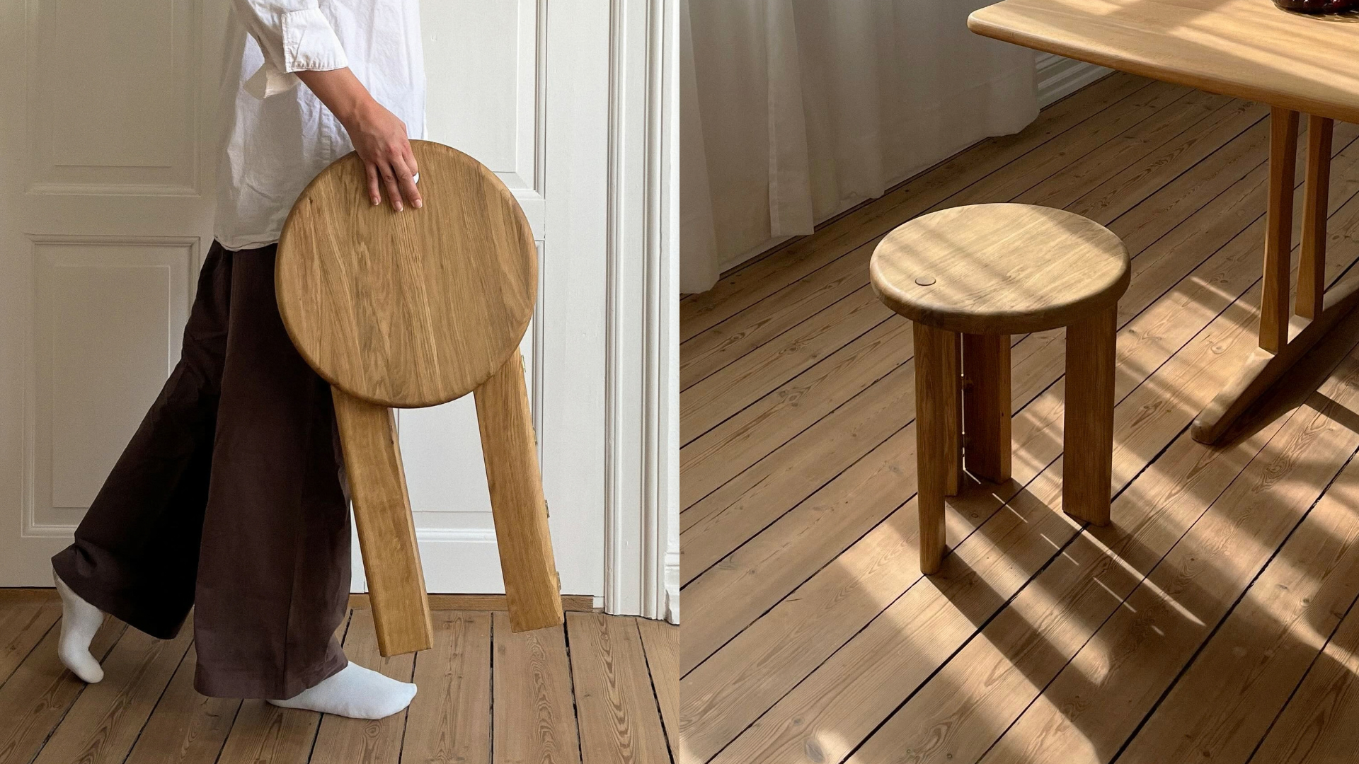 foldbar skammel med rund sæde i egetræ