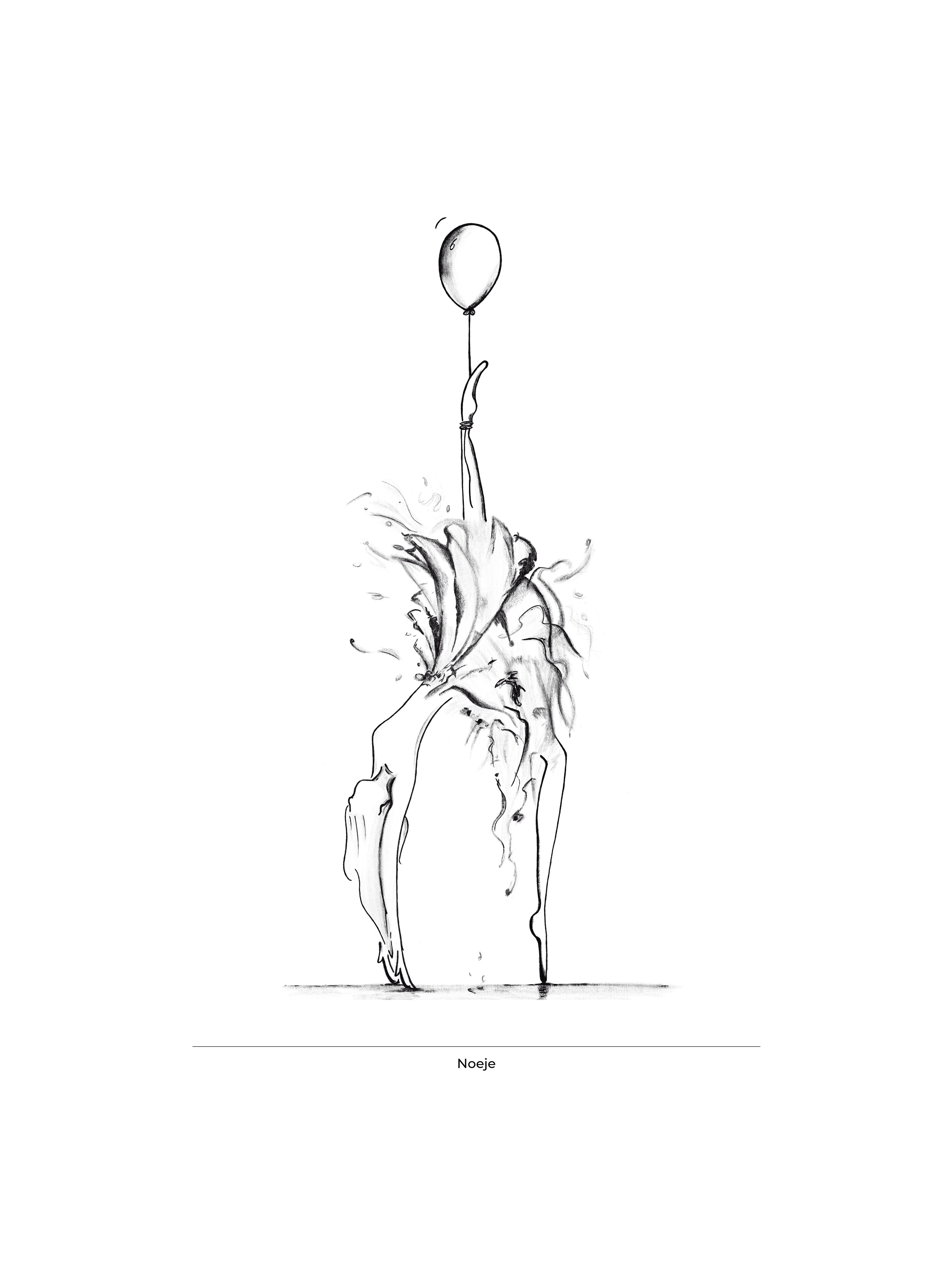 Tegning af en ballerina i sort/hvid, hun har en ballon bundet om anklen. Under hende står der "Noeje". 