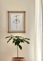 En ramme med et kunsttryk i sort/hvid af en slags blomst. Under rammen står der en plante. 